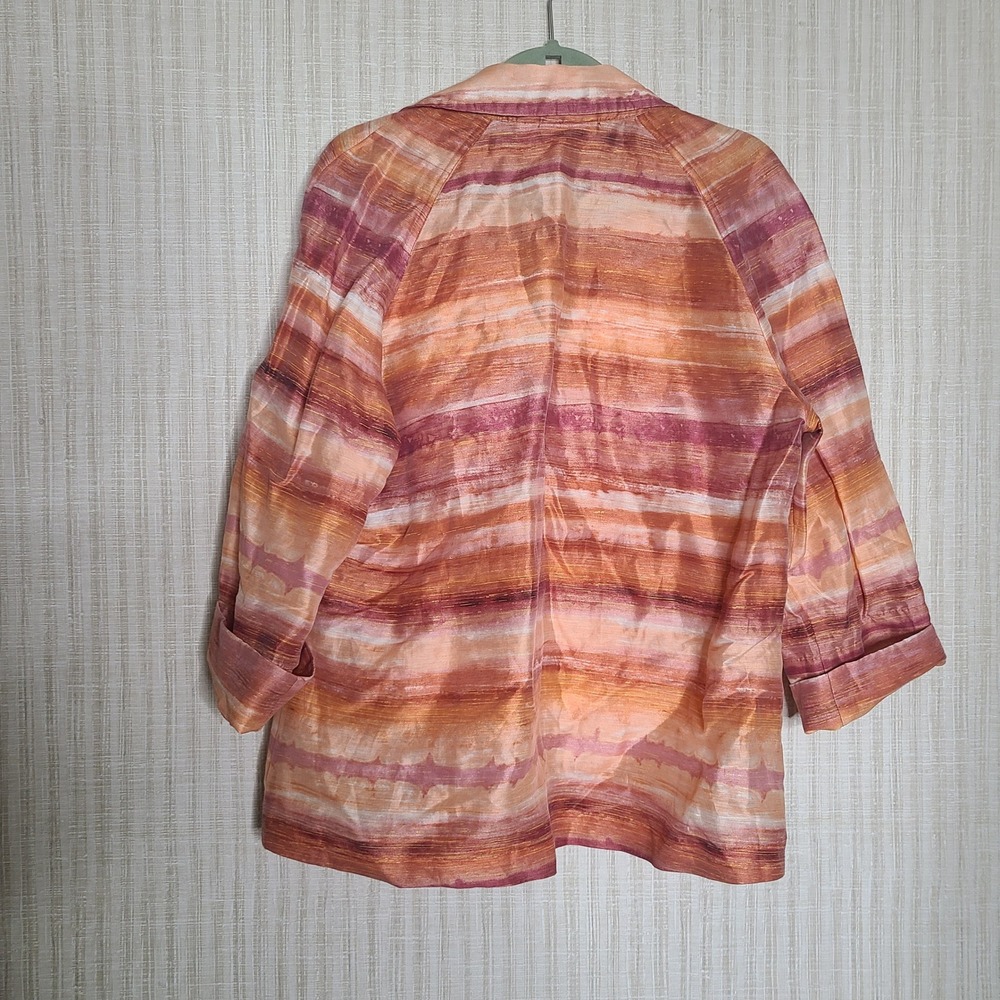 Chicos Linen Blend Abstract Stripe Open Front Blazer Jacket Orange Pink Size 2